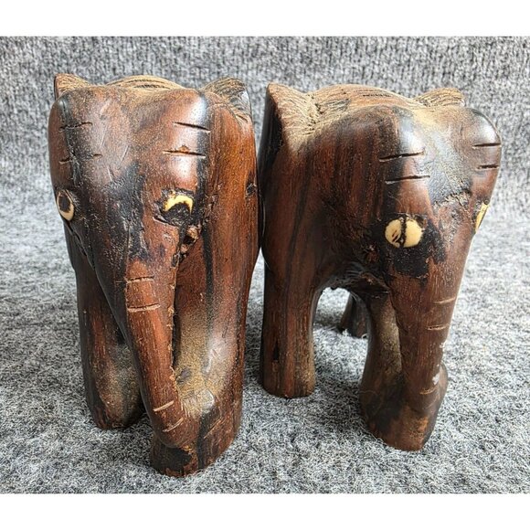 Vtg Hand Carved Wooden Elephant Figurines Set Of 2 Rustic Home Decor - Picture 5 of 9